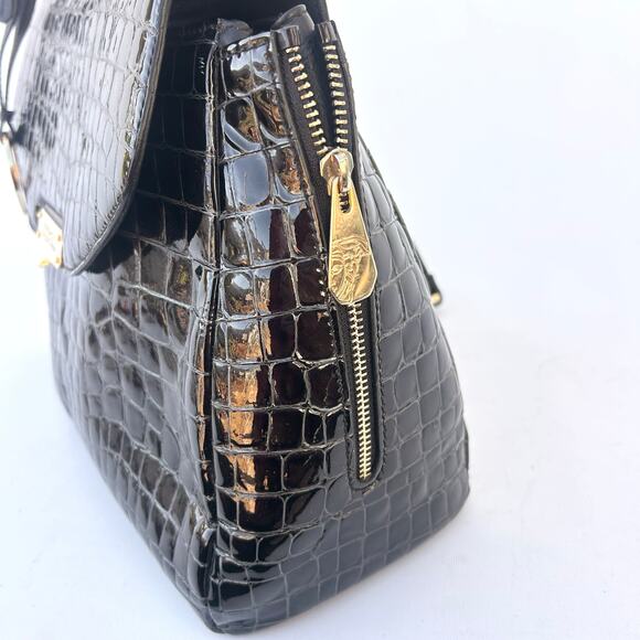 Versace Collection Croc-Embossed Patent Leather Top Handle Bag Black Purse - Picture 6 of 10